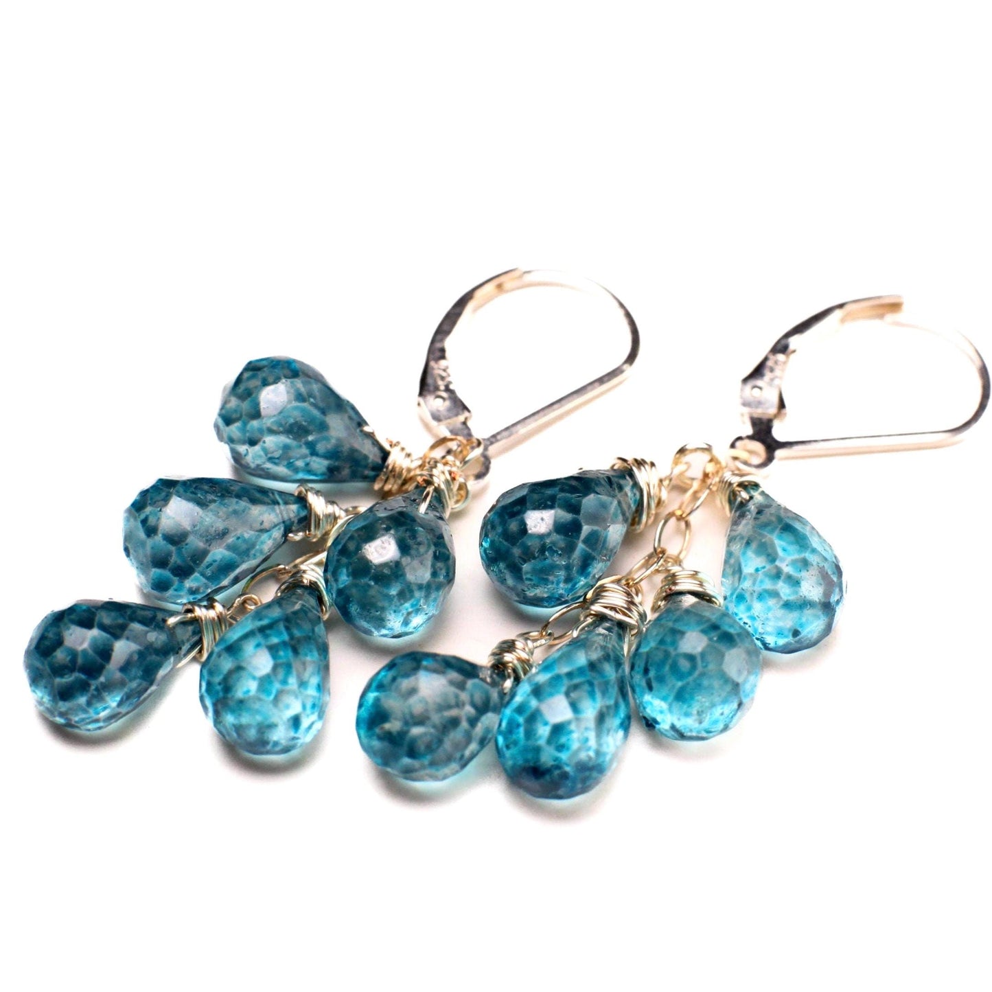 Moss Kyanite Faceted drop 7x9mm Wire Wrapped Cascade Sterling Silver or 14k Gold Filled Leverback Earrings, Boho, Minimalist, Elegant Gift