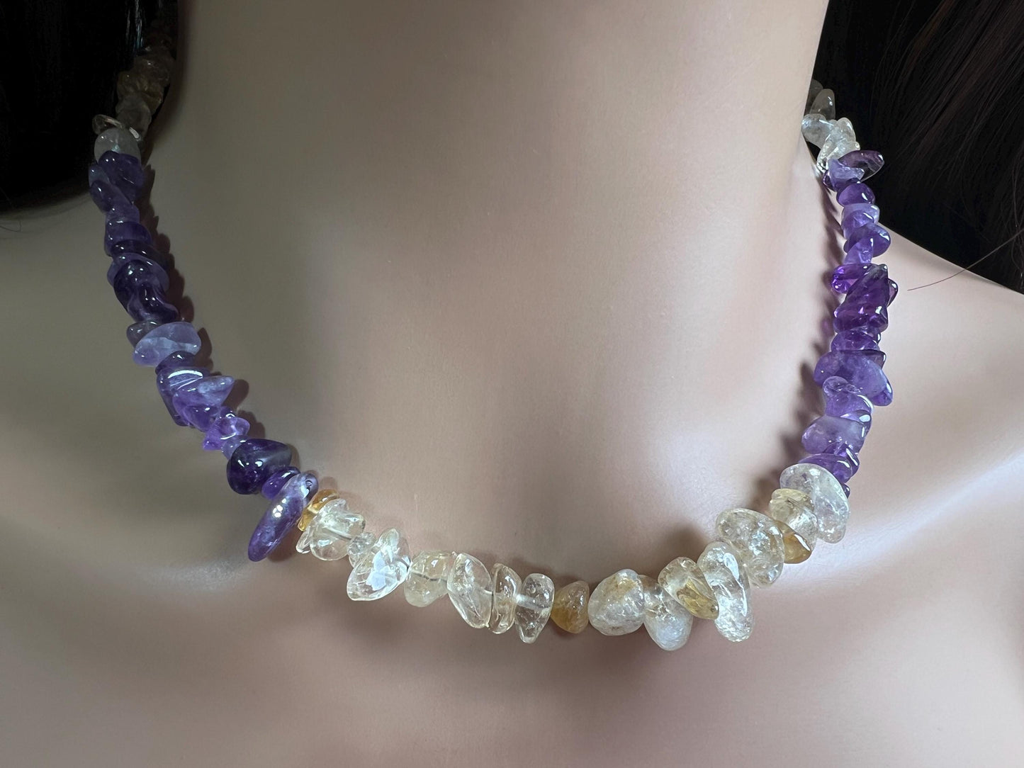 Natural Citrine and Amethyst Freeform Raw smooth nugget chips gold necklace February Birthstone Energy, Meditation yoga Necklace