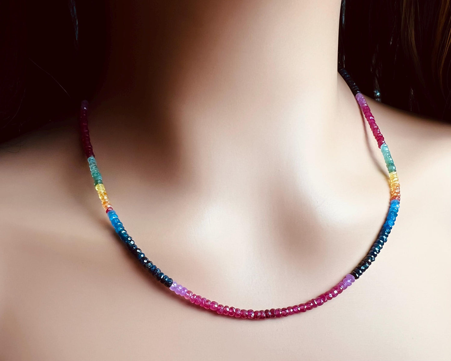 Natural Multi Sapphire, Ruby, Emerald AAA Faceted 3.5-4mm Rondelle Multi Precious Gemstone in 925 Sterling Silver,14K Gold Filled Necklace