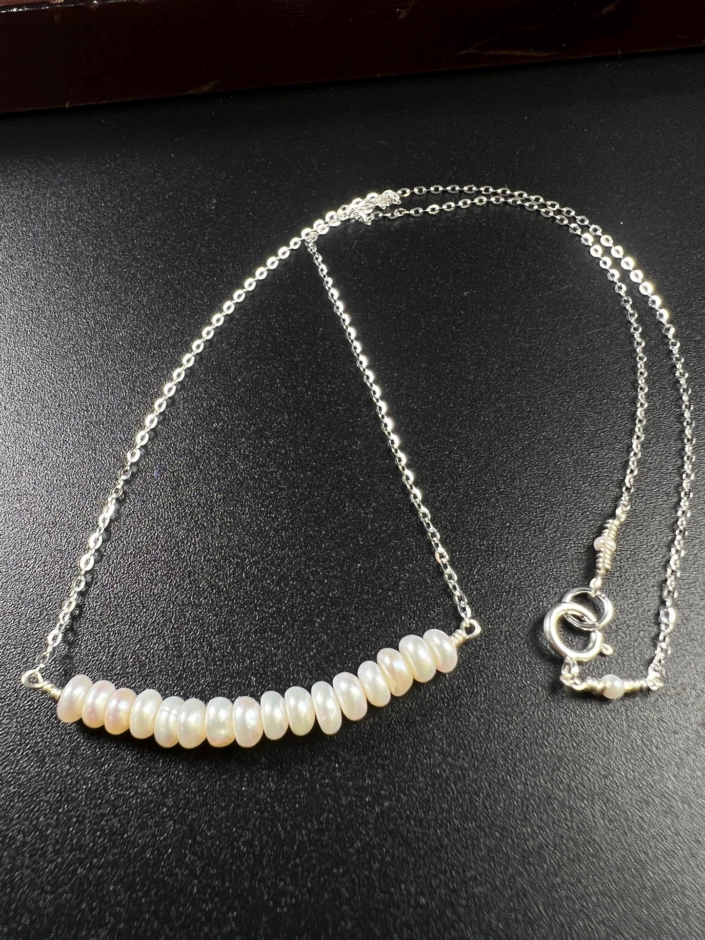 Natural Freshwater pearl 5mm Roundel bar necklace 925 sterling silver Chakra, June Birthstone