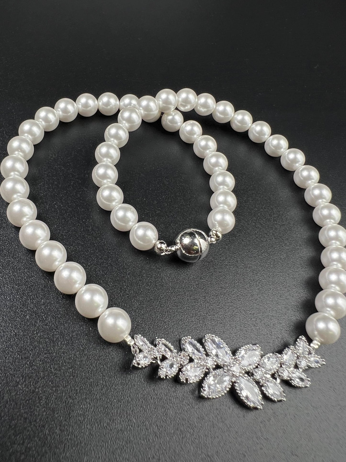 South SeaShell White 8mm Pearl with CZ Diamond Fancy Floral Focal Necklace Bridal, wedding elegant Handmade jewelry for Her