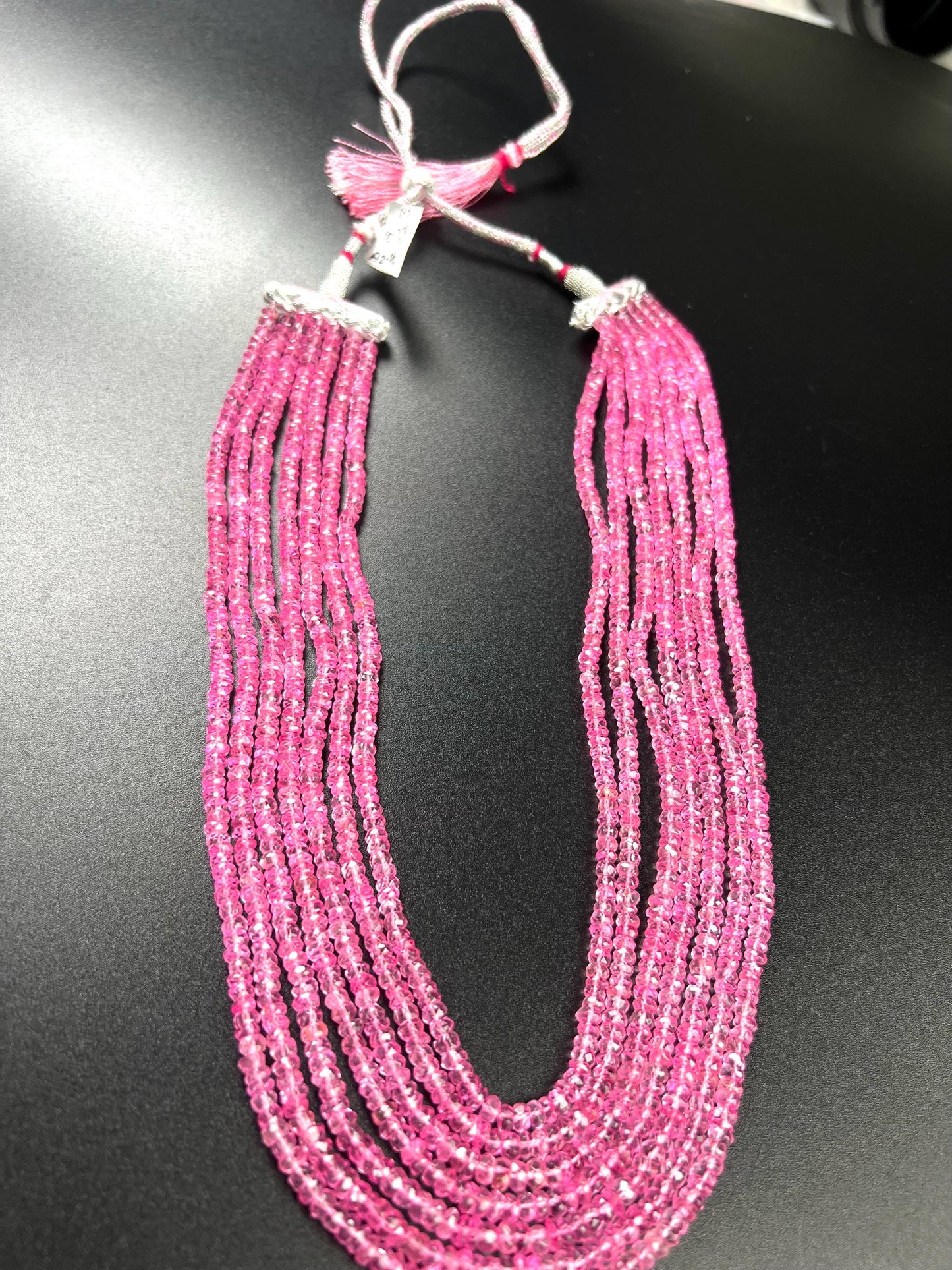 Genuine Pink Topaz 7 layers Faceted Rondelle Gemstone Necklace.AAA clear quality sweet deep pink magenta 20” plus adjustable thread 759 cts