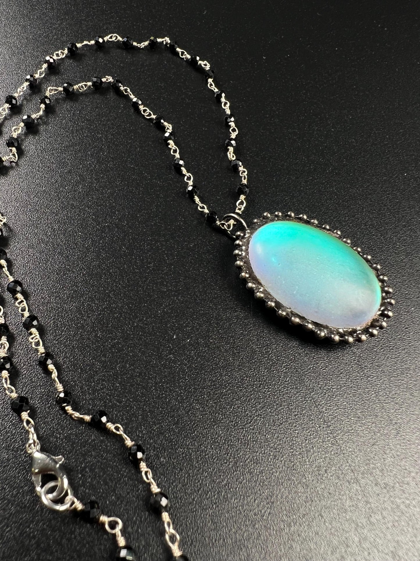 Aurora Opal glow Pendant with Black spinel silver vintage style Necklace. 25x38mm Aurora borealis pendant very beautiful gift