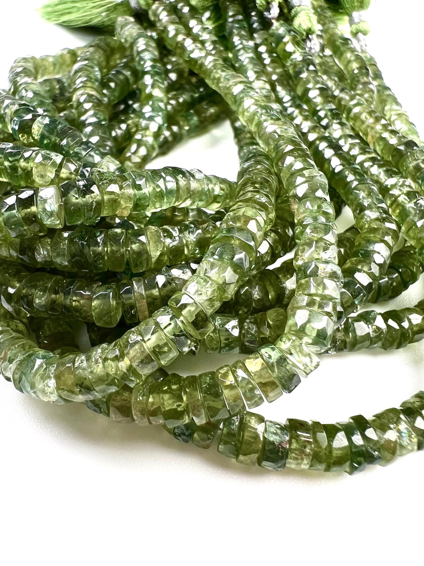 Natural Green Apatite Heishi Weel faceted handcut roundel beads for jewelry making 5mm 8” organic strand
