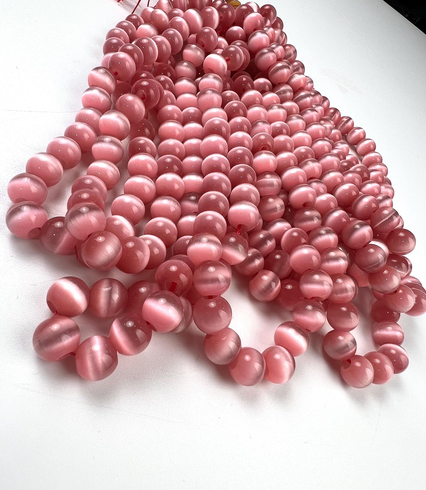 Pink Cat’s Eye 10mm smooth round large hole beads 14” strand 38 pcs