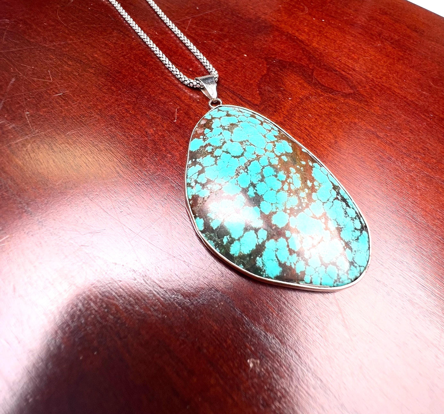 Natural Turquoise Pendant, Genuine AAA Tibetan Spiderweb Turquoise sterling Silver Bezel Pendant. Include rhodium chain vintage gift