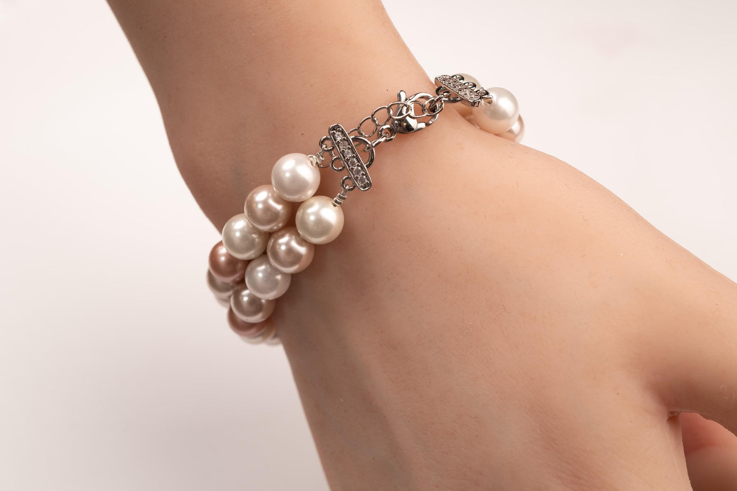 Double layered South Sea Shell Pearl 8mm Multi Baby Pink Bracelet with 2" Extender Necklace, CZ Diamond fancy adjustable clasp. Gift for Her