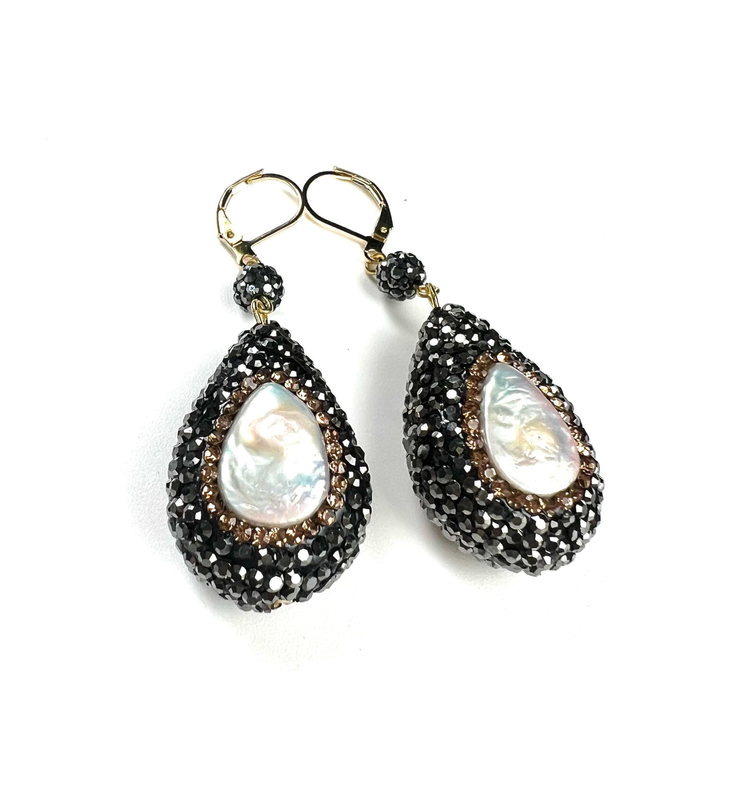 Freshwater coin pearl setting Pave crystal Puff oval drop 20x29mm dangling gold earring. Large and light wt beautiful earrings