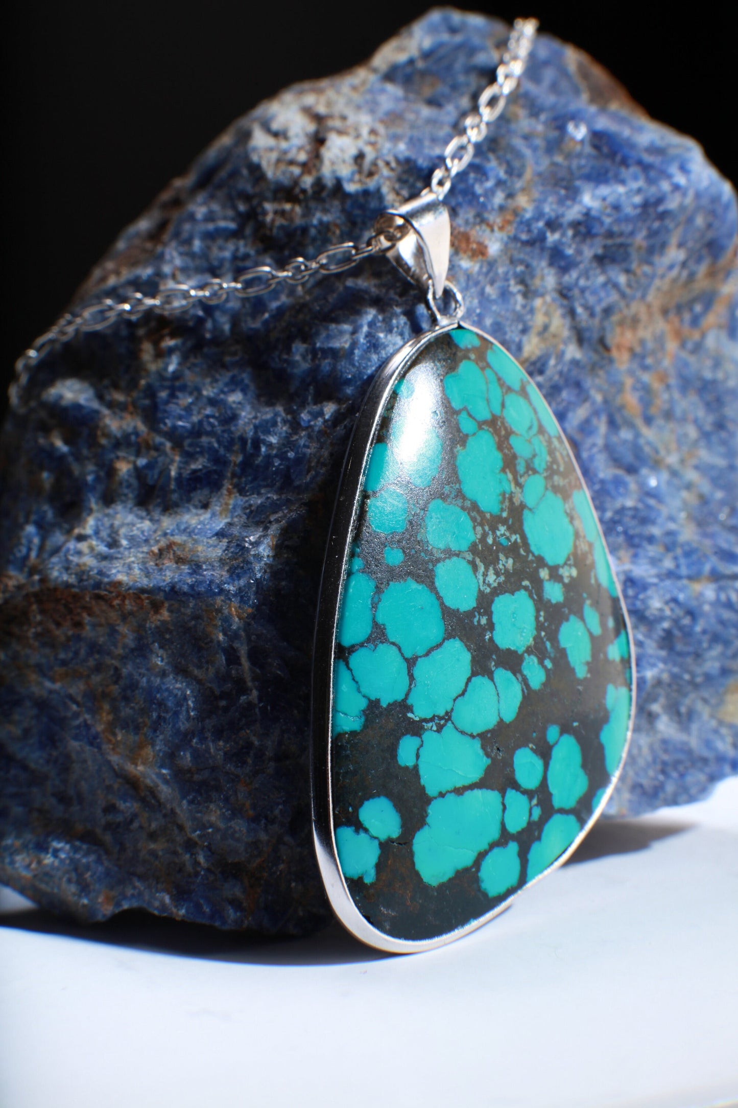 Genuine AAA Tibetan Spiderweb Turquoise Cab Gemstone 925 Sterling Silver Bezel Pendant Vintage Jewelry, Option:925 Silver Chain,38x58mm 18g