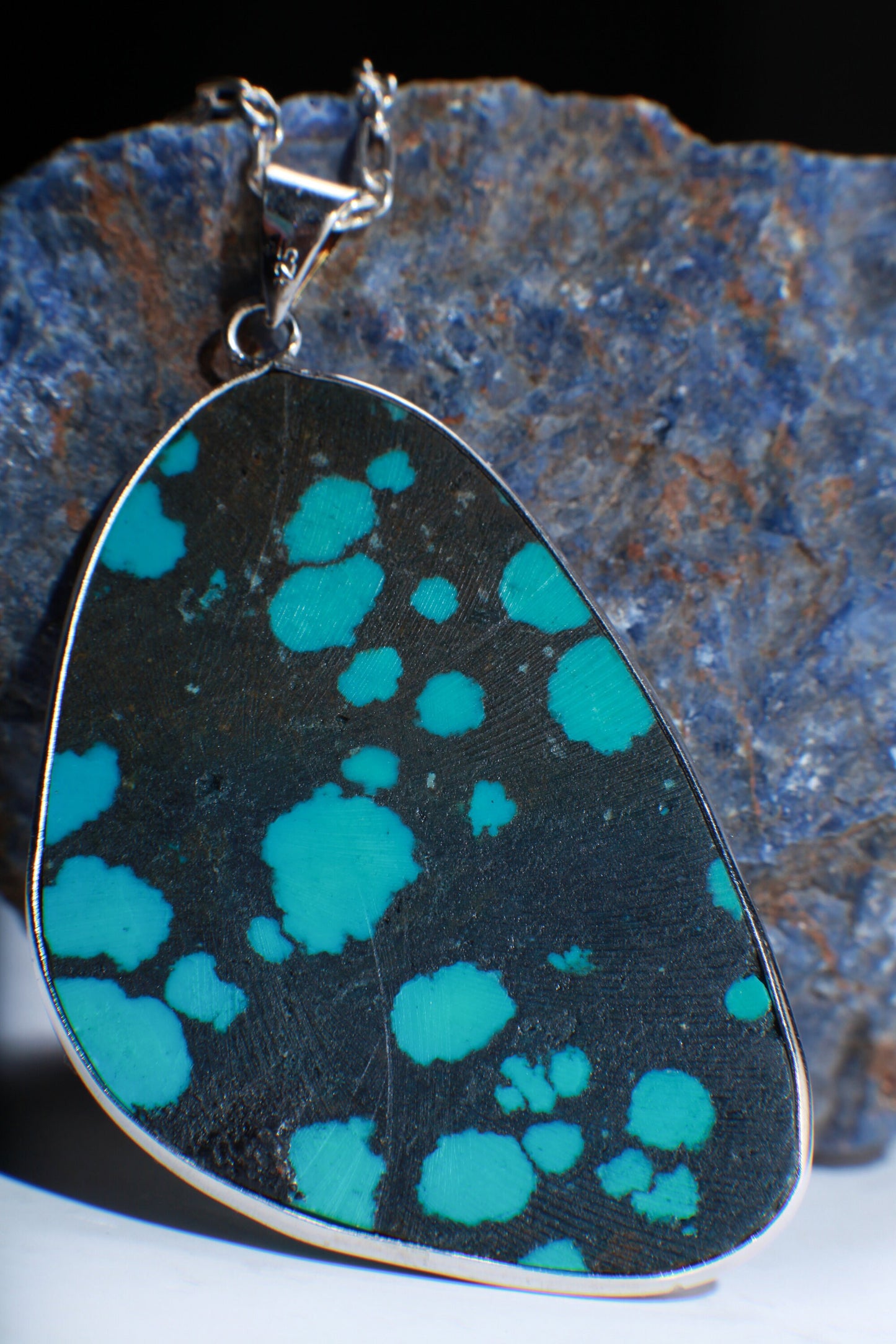Genuine AAA Tibetan Spiderweb Turquoise Cab Gemstone 925 Sterling Silver Bezel Pendant Vintage Jewelry, Option:925 Silver Chain,38x58mm 18g