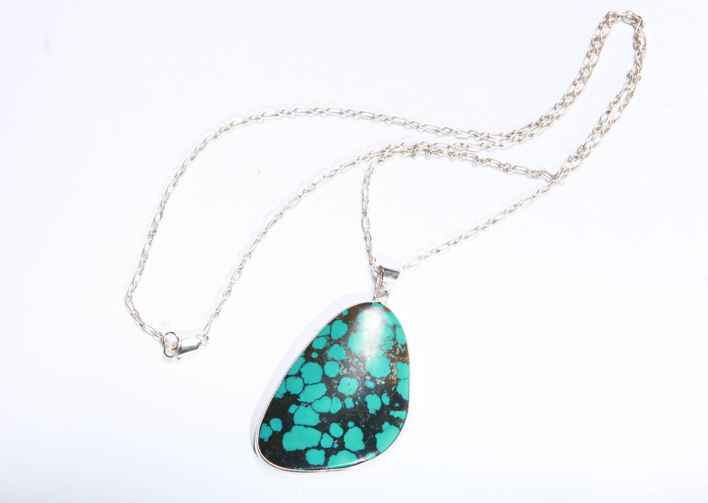 Genuine AAA Tibetan Spiderweb Turquoise Cab Gemstone 925 Sterling Silver Bezel Pendant Vintage Jewelry, Option:925 Silver Chain,38x58mm 18g