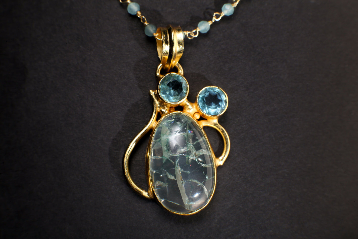 Aquamarine Rosary Beaded Chain with Rutilated Quartz Oval and 2 pieces blue topaz round Gold Bezel Pendant 20" Necklace