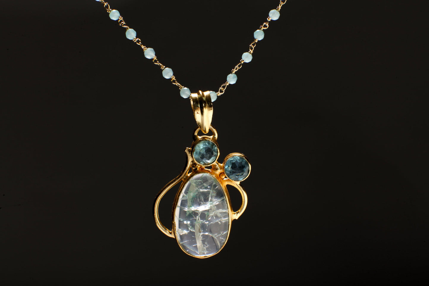 Aquamarine Rosary Beaded Chain with Rutilated Quartz Oval and 2 pieces blue topaz round Gold Bezel Pendant 20" Necklace