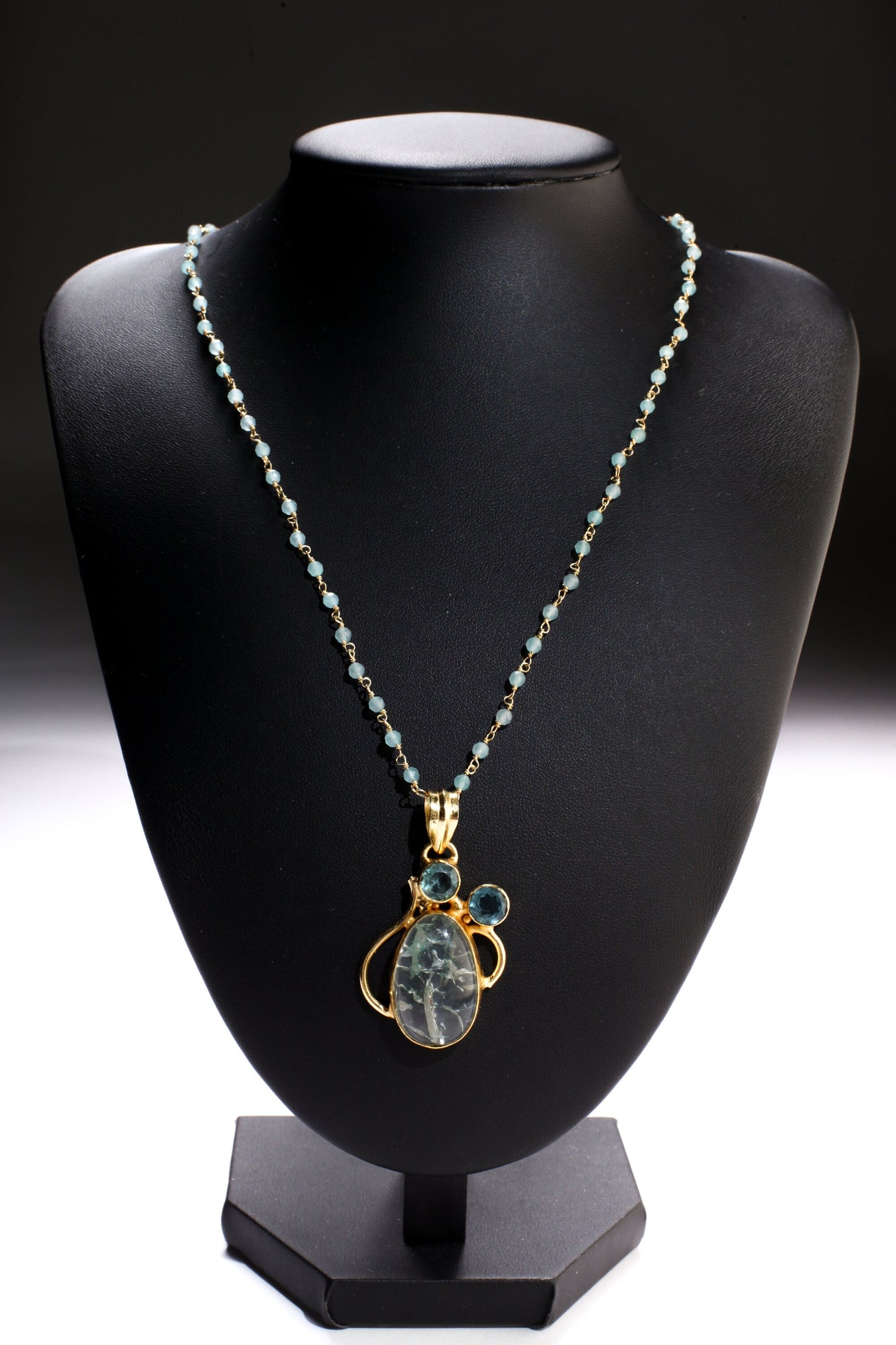 Aquamarine Rosary Beaded Chain with Rutilated Quartz Oval and 2 pieces blue topaz round Gold Bezel Pendant 20" Necklace