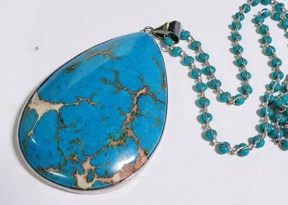 Blue turquoise brown matrix large pendant with turquoise beaded chain 22" rhodium silver necklace , gift for man & woman