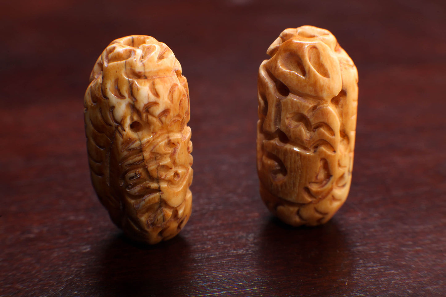 Carved Buffalo Bone Puffed Oval 14x20mm Dragon, Hand Crafted Big Hole Bead, Figurine 3mm Drilled Bead, Art Deco