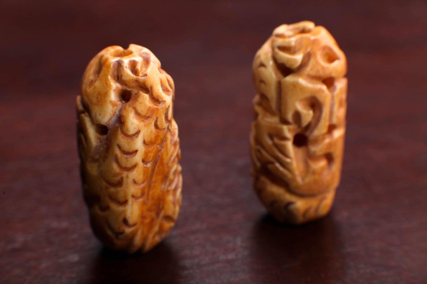 Carved Buffalo Bone Puffed Oval 14x20mm Dragon, Hand Crafted Big Hole Bead, Figurine 3mm Drilled Bead, Art Deco