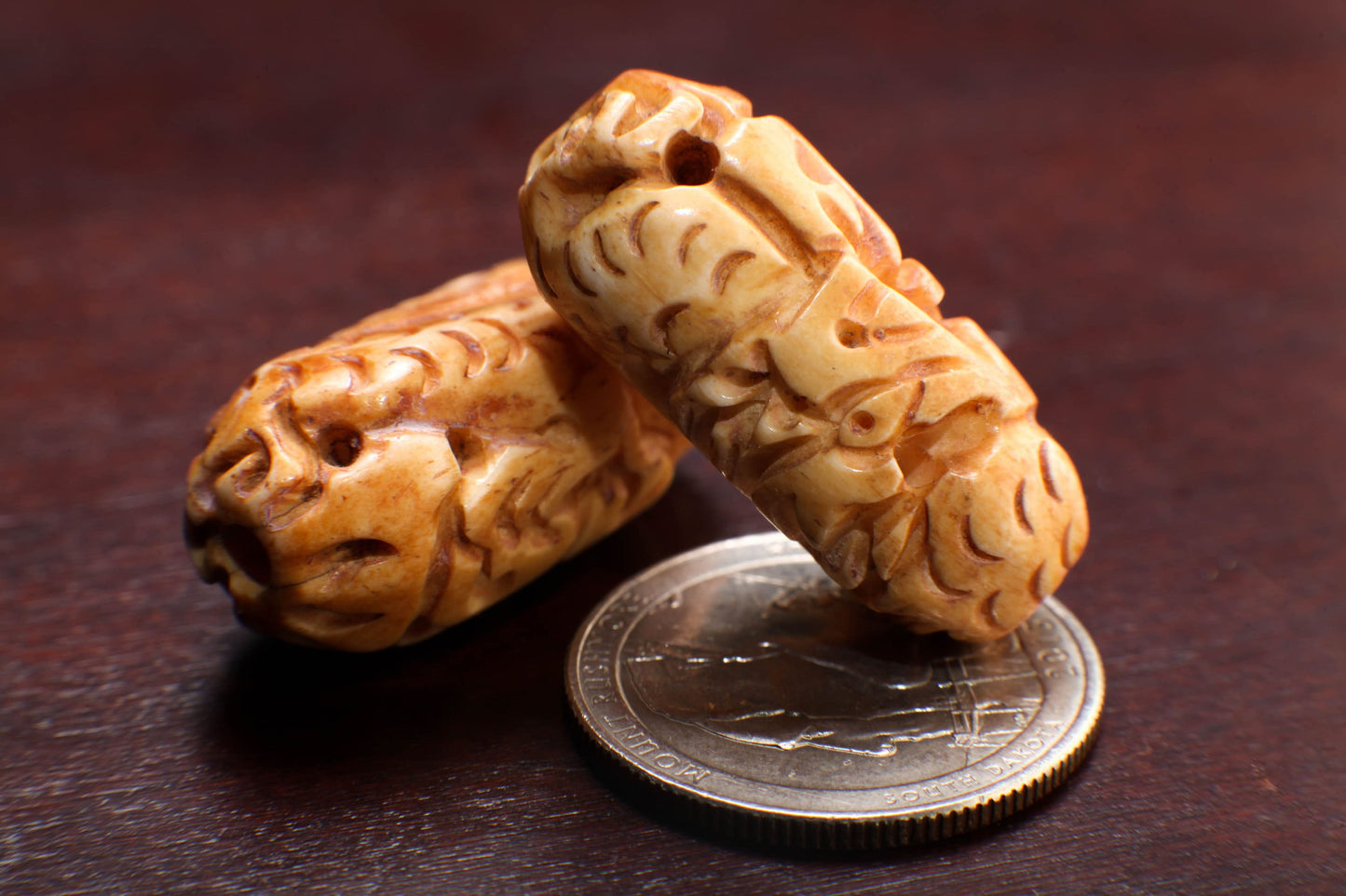 Carved Buffalo Bone Puffed Oval 14x20mm Dragon, Hand Crafted Big Hole Bead, Figurine 3mm Drilled Bead, Art Deco