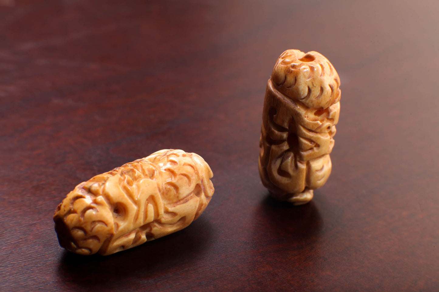 Carved Buffalo Bone Puffed Oval 14x20mm Dragon, Hand Crafted Big Hole Bead, Figurine 3mm Drilled Bead, Art Deco