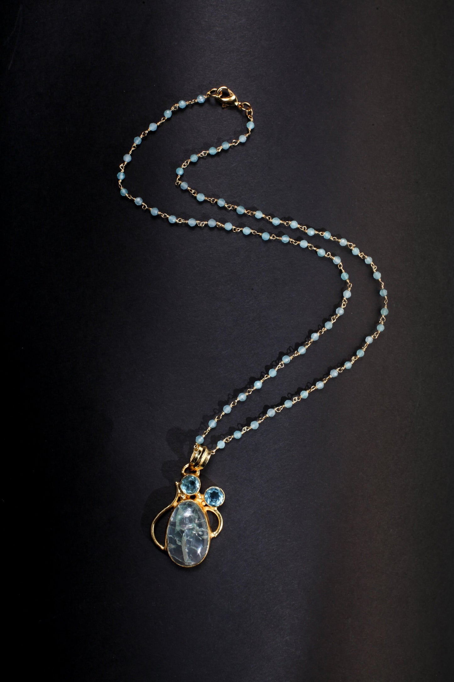 Aquamarine Rosary Beaded Chain with Rutilated Quartz Oval and 2 pieces blue topaz round Gold Bezel Pendant 20" Necklace