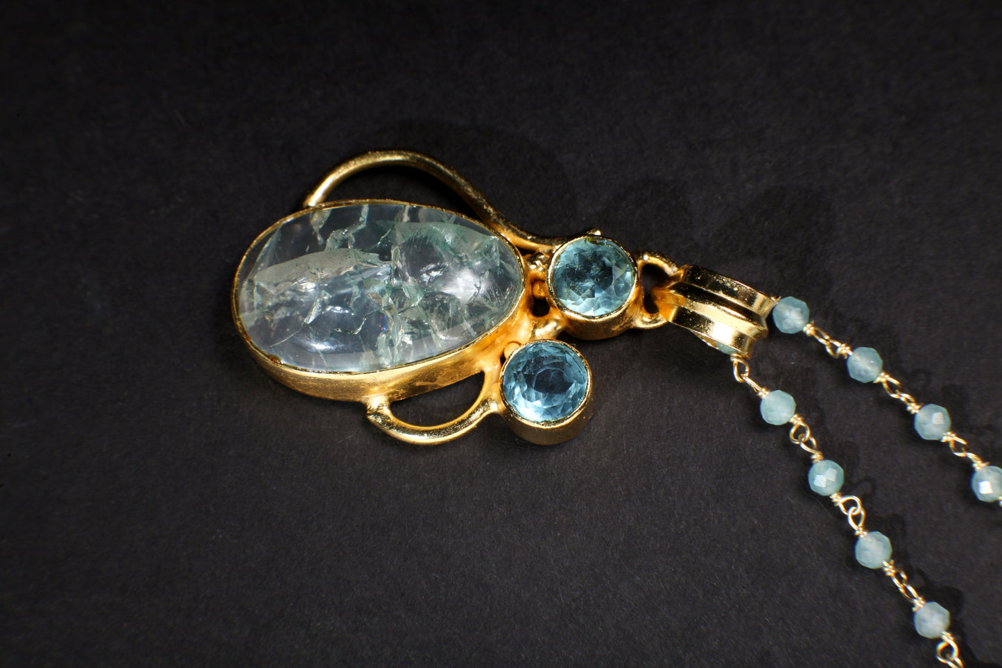 Aquamarine Rosary Beaded Chain with Rutilated Quartz Oval and 2 pieces blue topaz round Gold Bezel Pendant 20" Necklace