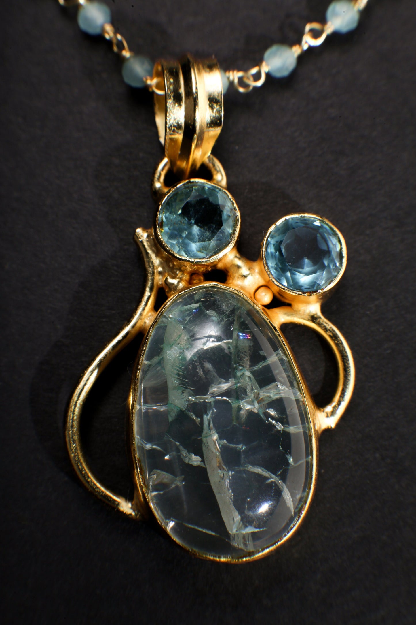 Aquamarine Rosary Beaded Chain with Rutilated Quartz Oval and 2 pieces blue topaz round Gold Bezel Pendant 20" Necklace
