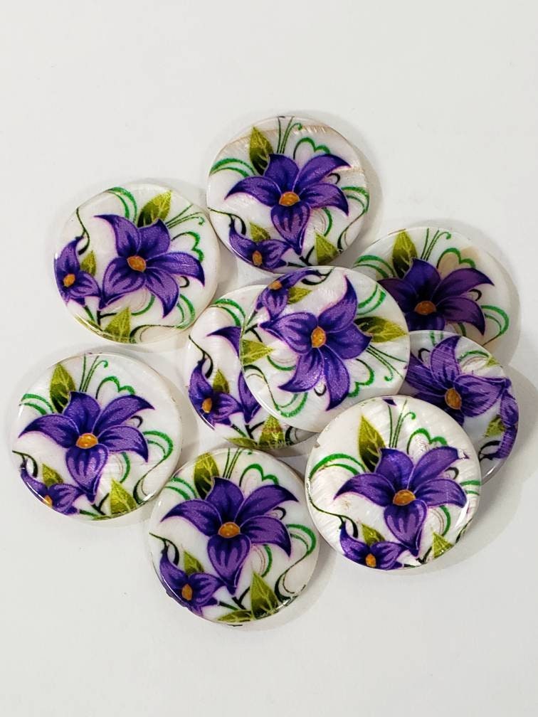 Mother of pearl shell purple flower 30mm disc jewelry making ,earring focal bead, 3 pcs set includes 6pcs matching jade roundel beads.