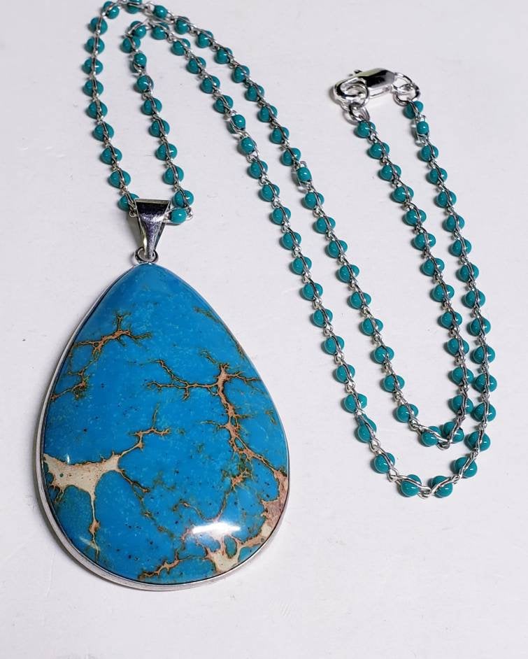 Blue turquoise brown matrix large pendant with turquoise beaded chain 22" rhodium silver necklace , gift for man & woman