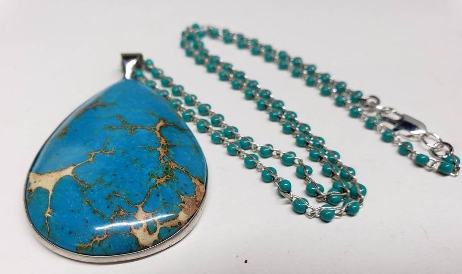 Blue turquoise brown matrix large pendant with turquoise beaded chain 22" rhodium silver necklace , gift for man & woman