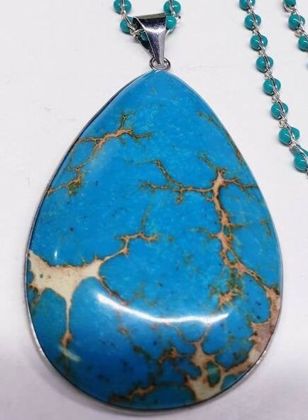 Blue turquoise brown matrix large pendant with turquoise beaded chain 22" rhodium silver necklace , gift for man & woman
