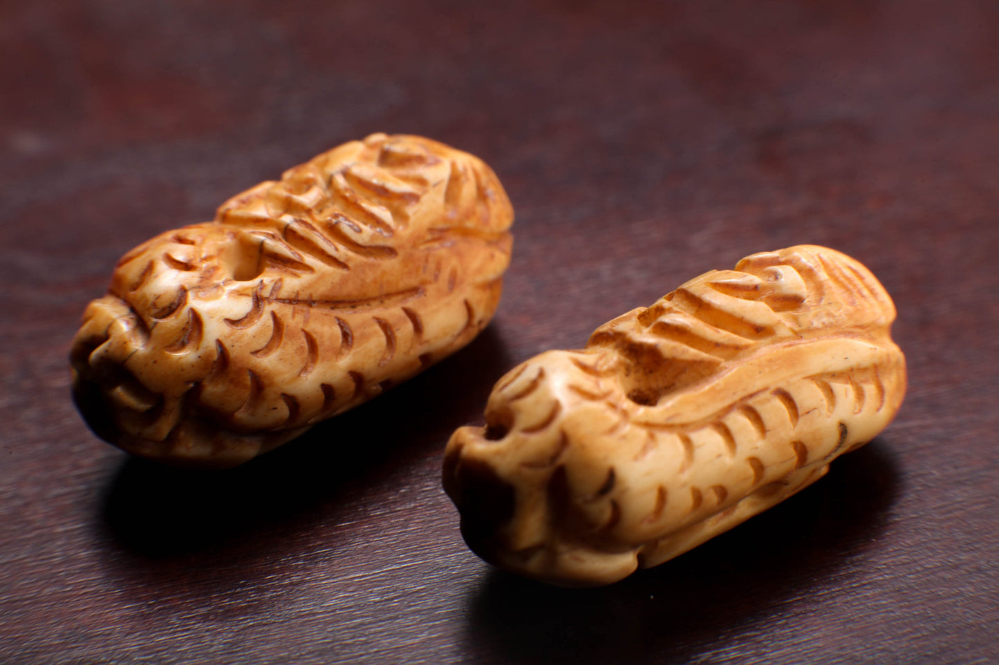 Carved Buffalo Bone Puffed Oval 14x20mm Dragon, Hand Crafted Big Hole Bead, Figurine 3mm Drilled Bead, Art Deco