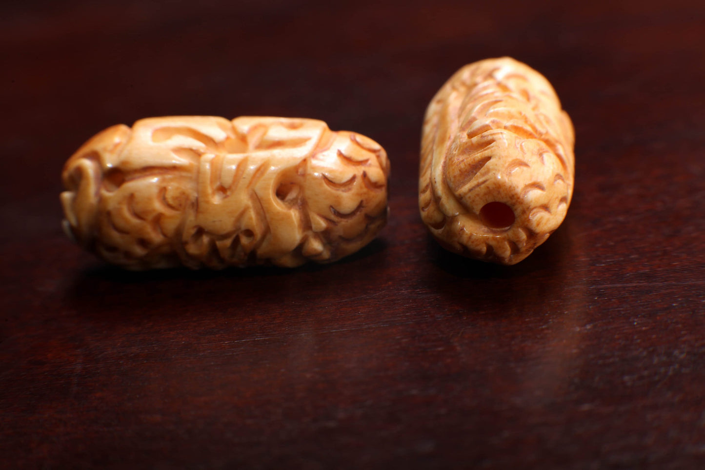 Carved Buffalo Bone Puffed Oval 14x20mm Dragon, Hand Crafted Big Hole Bead, Figurine 3mm Drilled Bead, Art Deco
