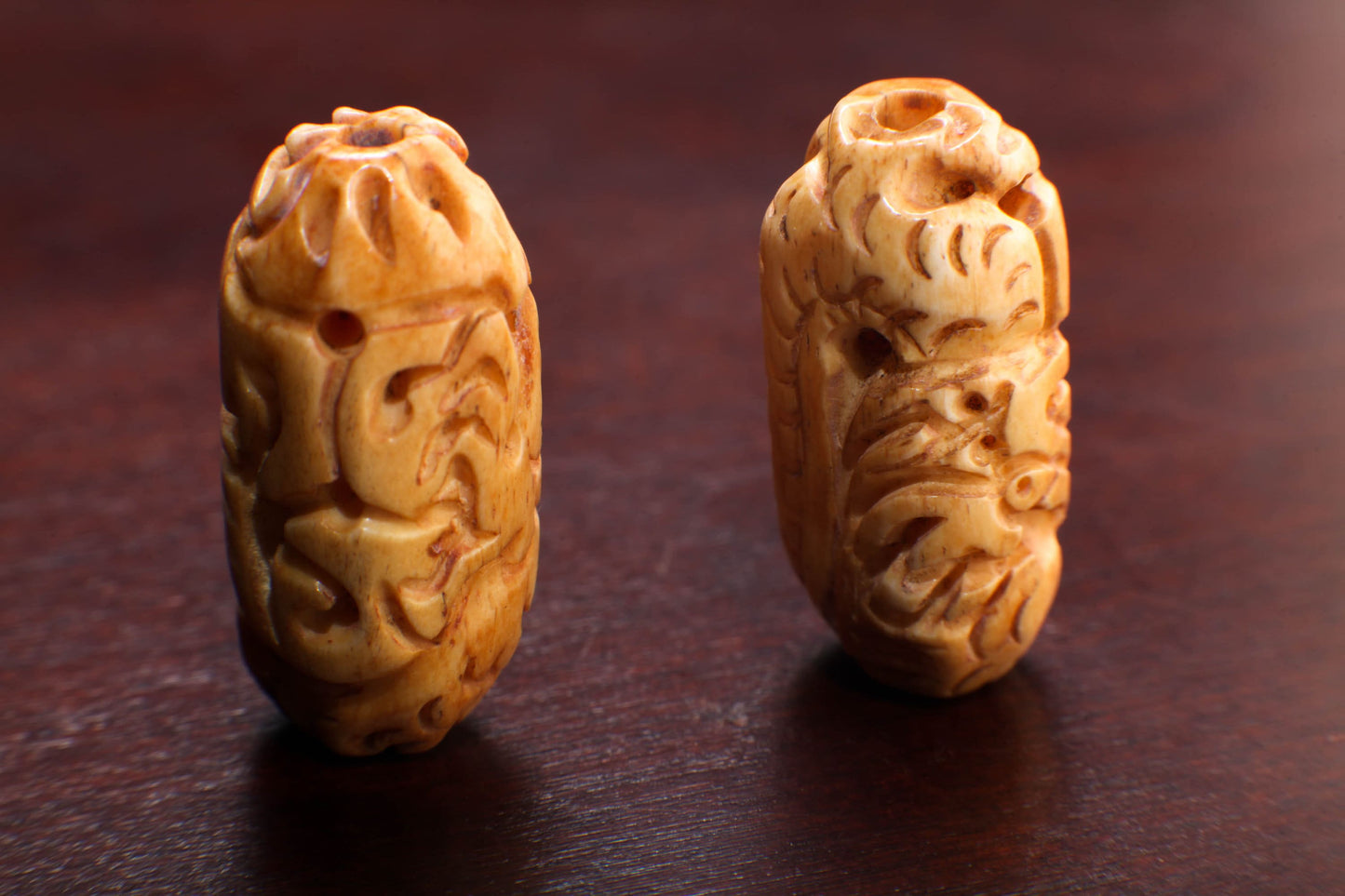 Carved Buffalo Bone Puffed Oval 14x20mm Dragon, Hand Crafted Big Hole Bead, Figurine 3mm Drilled Bead, Art Deco