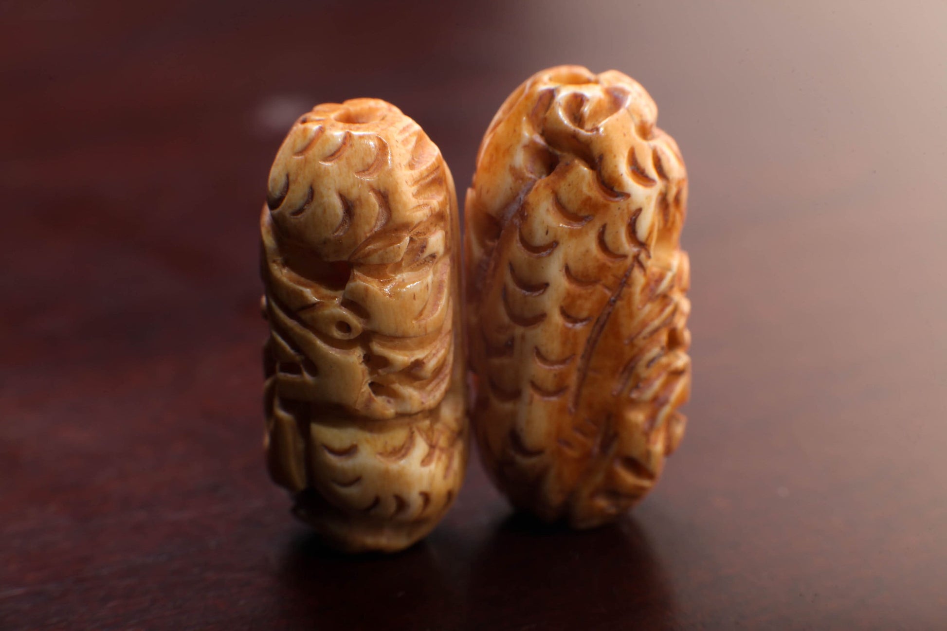 Carved Buffalo Bone Puffed Oval 14x20mm Dragon, Hand Crafted Big Hole Bead, Figurine 3mm Drilled Bead, Art Deco