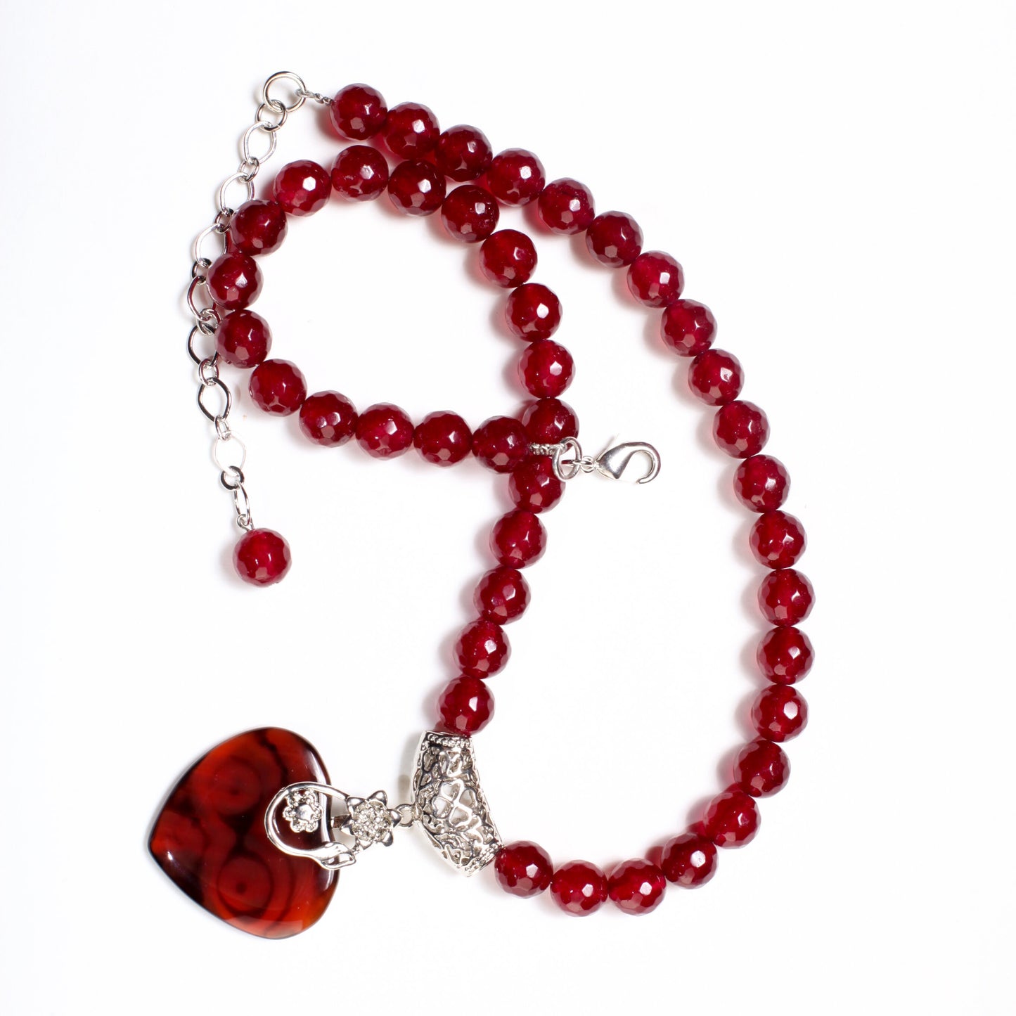 Rasberry Quartz Faceted Round Beads with Heart Shape Evil Eye DZI Agate, Rhodium Silver Filigree Fancy Bail 18.5" Necklace with 3" Extension