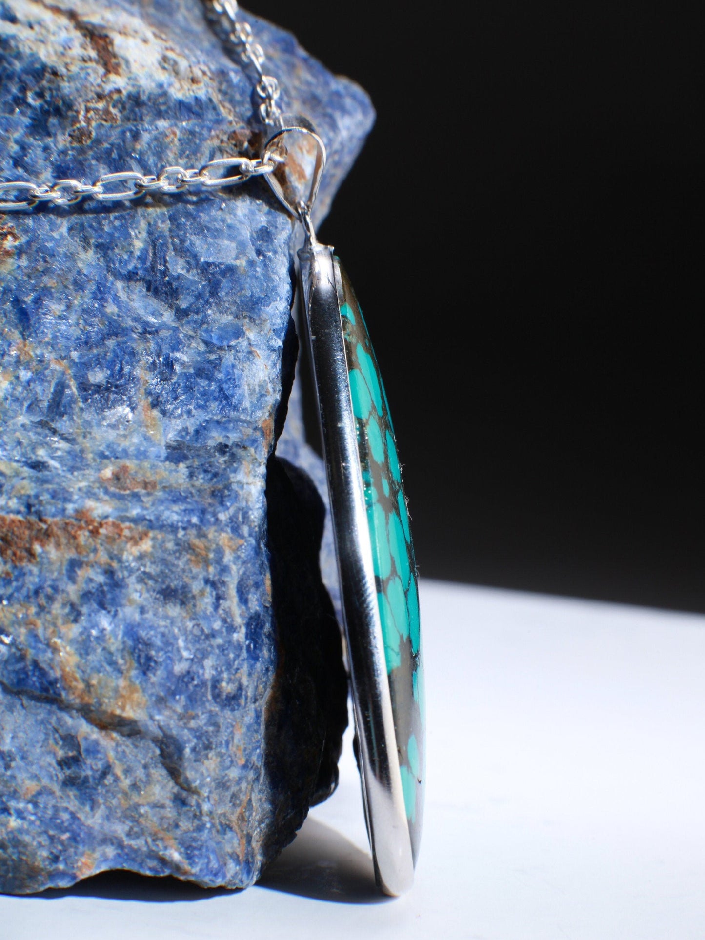 Genuine AAA Tibetan Spiderweb Turquoise Cab Gemstone 925 Sterling Silver Bezel Pendant Vintage Jewelry, Option:925 Silver Chain,38x58mm 18g