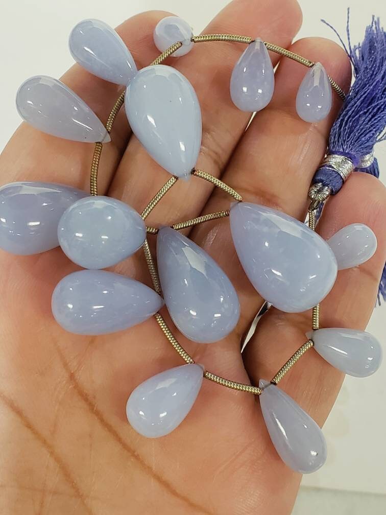 Natural Sky Blue Chalcedony Smooth Teardrop Briolette for Jewelry Making Necklace Bracelet Gemstone 7x13mm to 11x18mm Graduated 15pcs strand