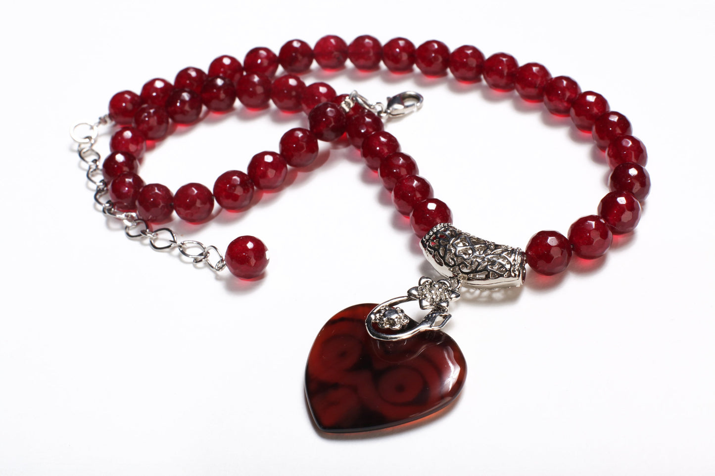 Rasberry Quartz Faceted Round Beads with Heart Shape Evil Eye DZI Agate, Rhodium Silver Filigree Fancy Bail 18.5" Necklace with 3" Extension