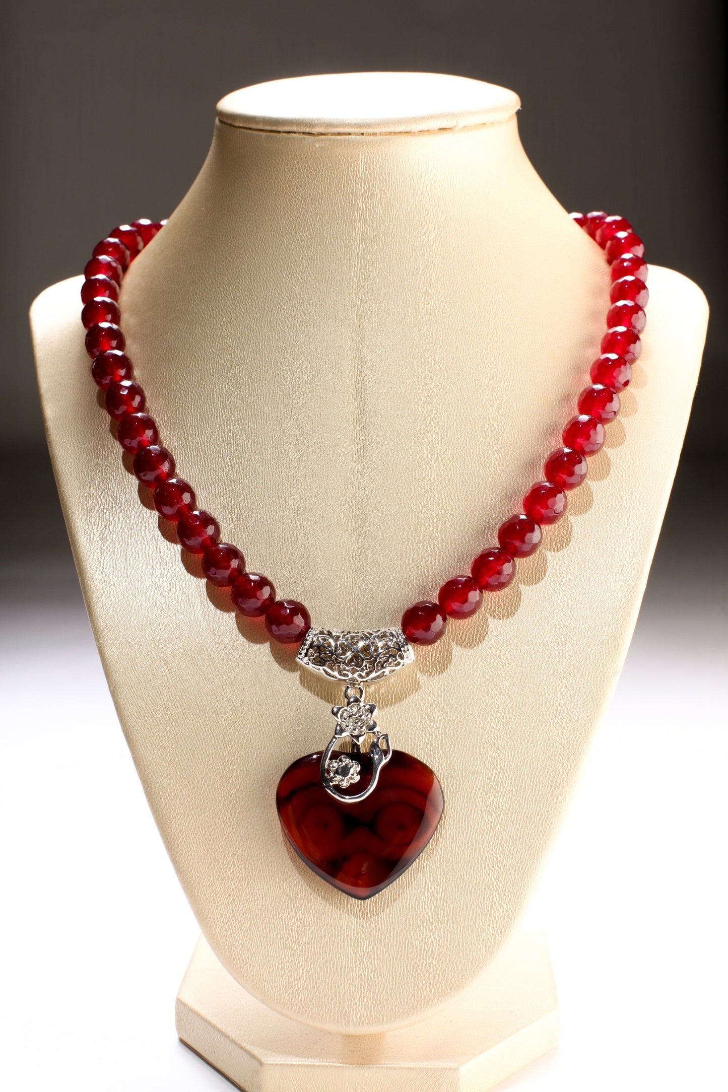 Rasberry Quartz Faceted Round Beads with Heart Shape Evil Eye DZI Agate, Rhodium Silver Filigree Fancy Bail 18.5" Necklace with 3" Extension