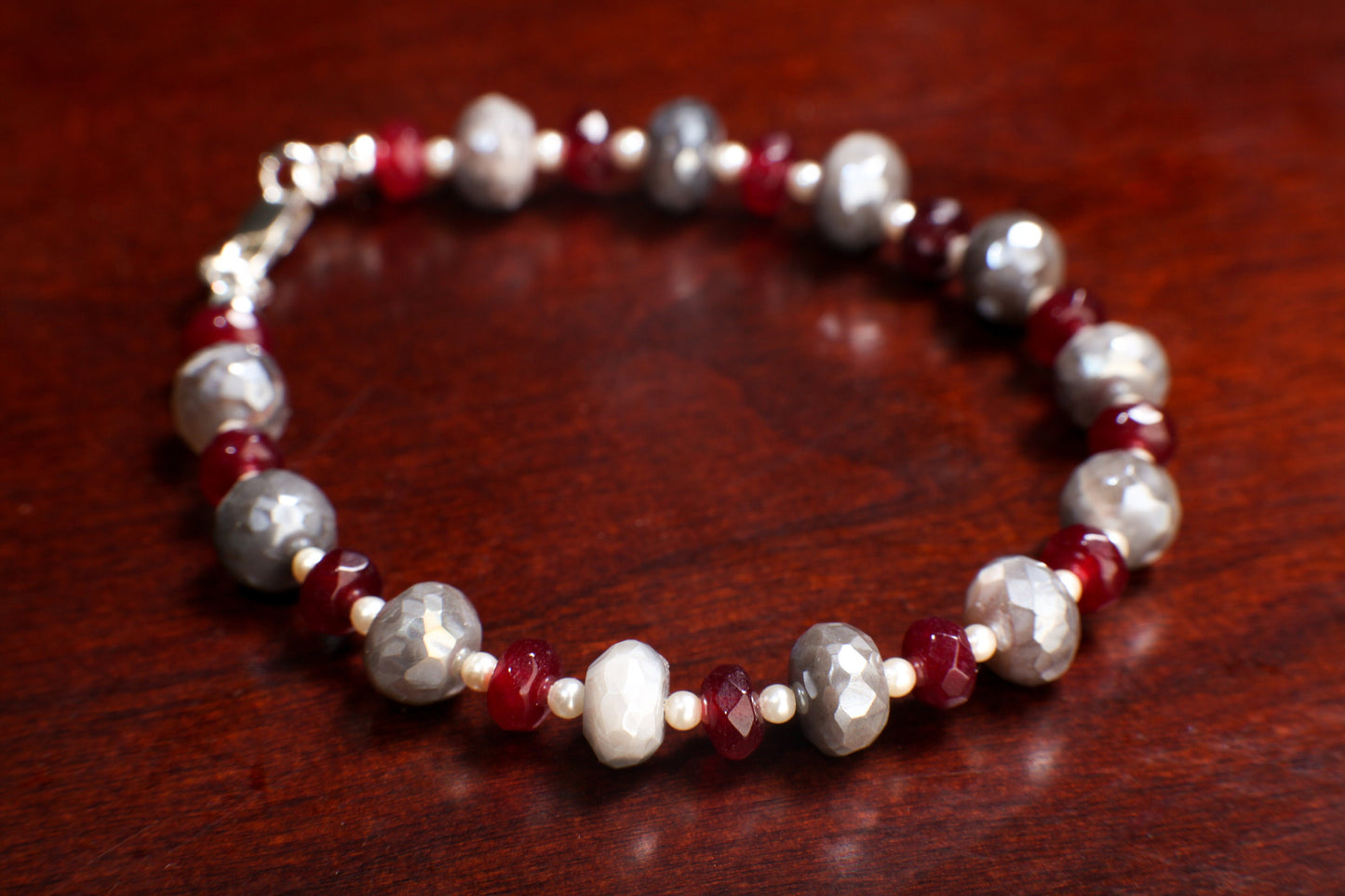 Natural Gray Moonstone Faceted Rondelle 8mm Bracelet Accent with Garnet Spacer Gemstone Beads in 925 Sterling Silver Clasp, Precious gift ,