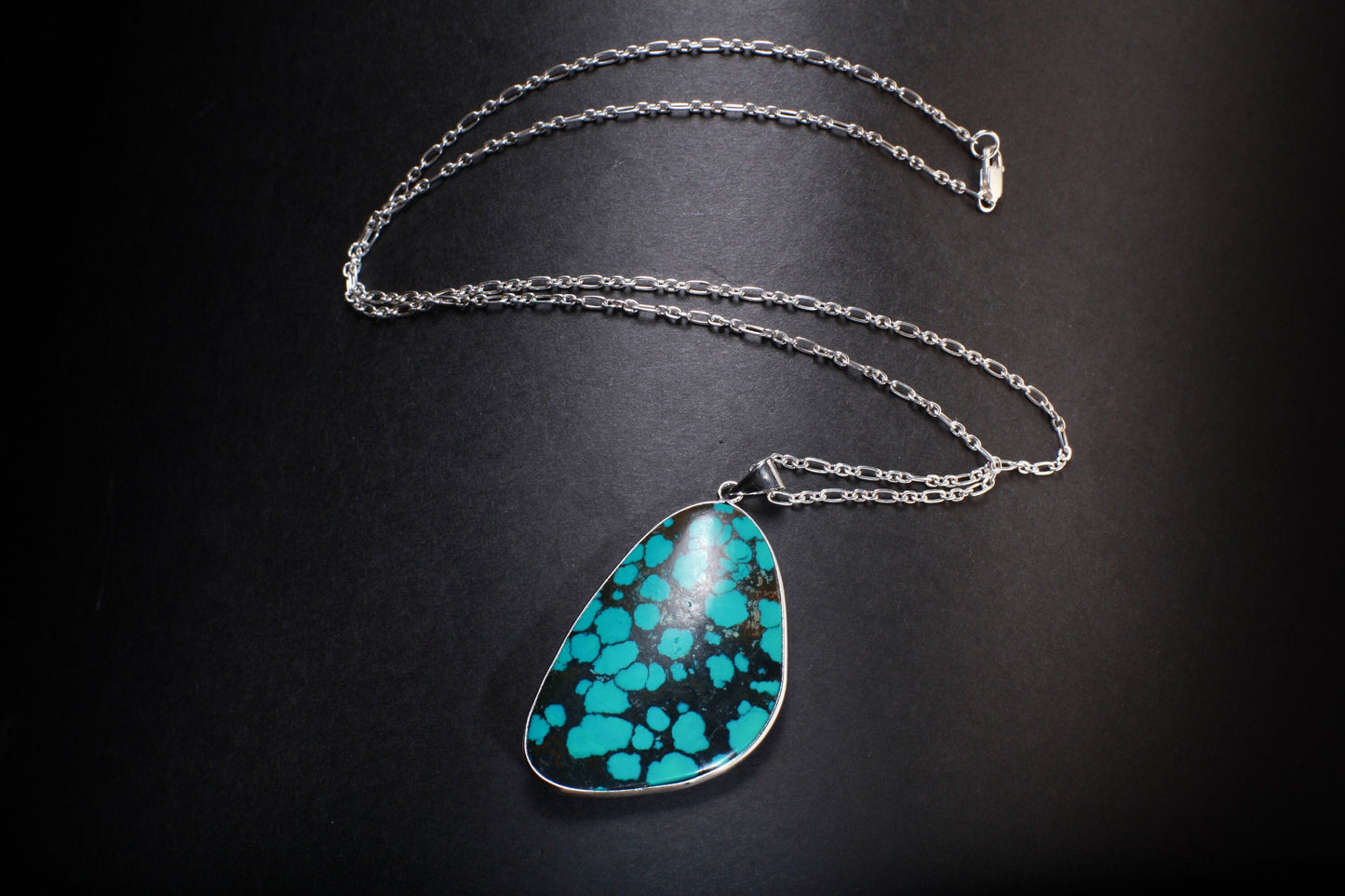 Genuine AAA Tibetan Spiderweb Turquoise Cab Gemstone 925 Sterling Silver Bezel Pendant Vintage Jewelry, Option:925 Silver Chain,38x58mm 18g