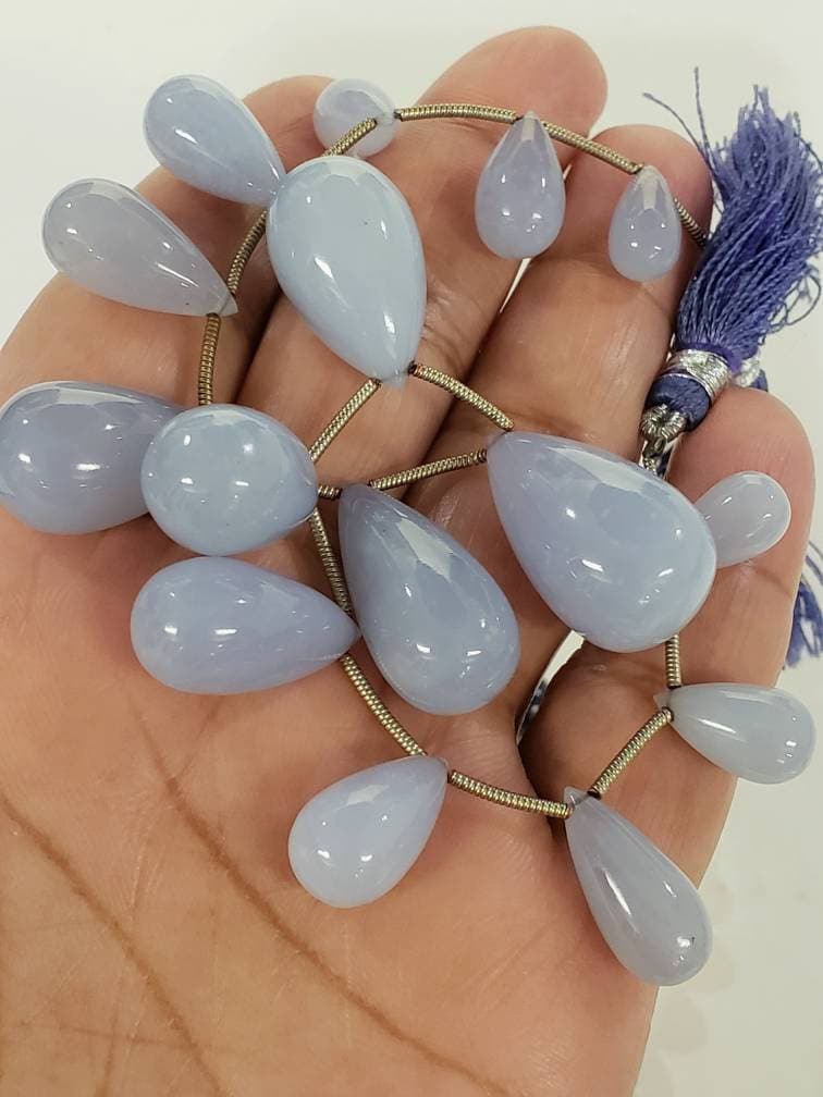 Natural Sky Blue Chalcedony Smooth Teardrop Briolette for Jewelry Making Necklace Bracelet Gemstone 7x13mm to 11x18mm Graduated 15pcs strand