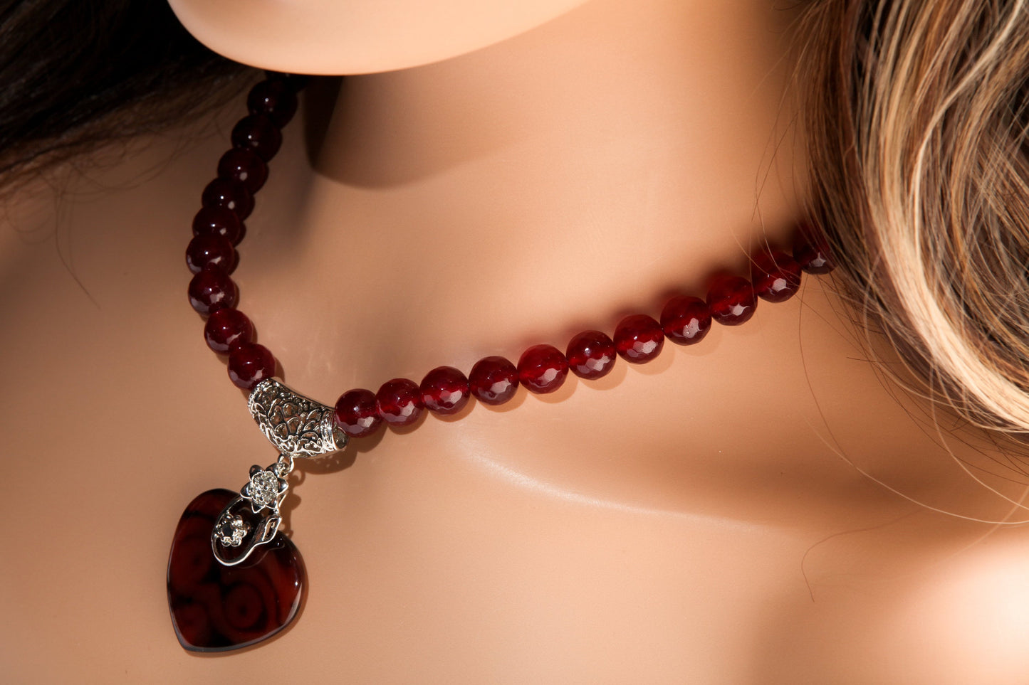Rasberry Quartz Faceted Round Beads with Heart Shape Evil Eye DZI Agate, Rhodium Silver Filigree Fancy Bail 18.5" Necklace with 3" Extension