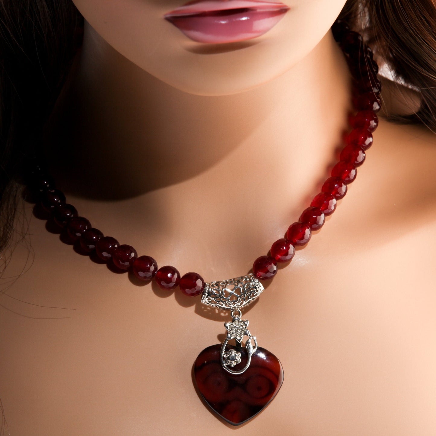 Rasberry Quartz Faceted Round Beads with Heart Shape Evil Eye DZI Agate, Rhodium Silver Filigree Fancy Bail 18.5" Necklace with 3" Extension