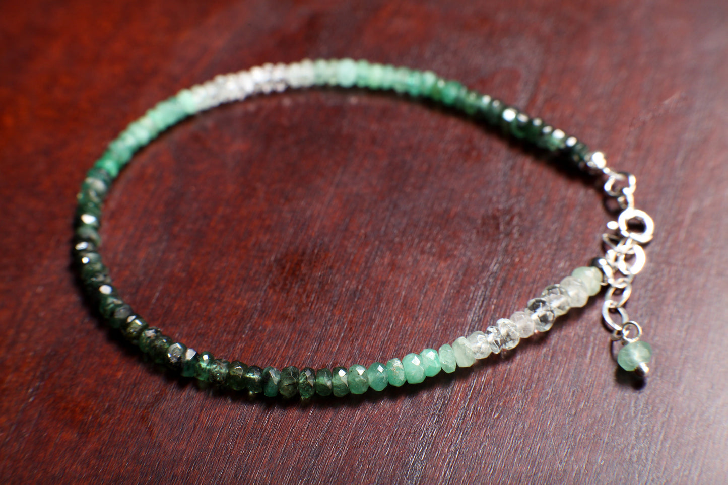Ombre Emerald Faceted Rondelle 3-4mm Bracelet in 925 Sterling Silver Clasp and 1" Extension Chain,AAA Quality Natural Precious gift for her.