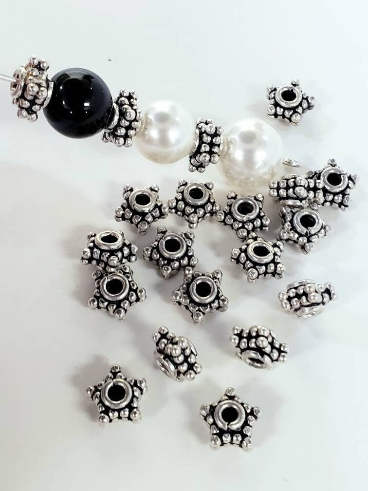 10 Pcs 925 Sterling Silver Bali double Star shape 4x7mm spacer bead. Vintage handmade heavy weight bali bead for jewelry making supplies.
