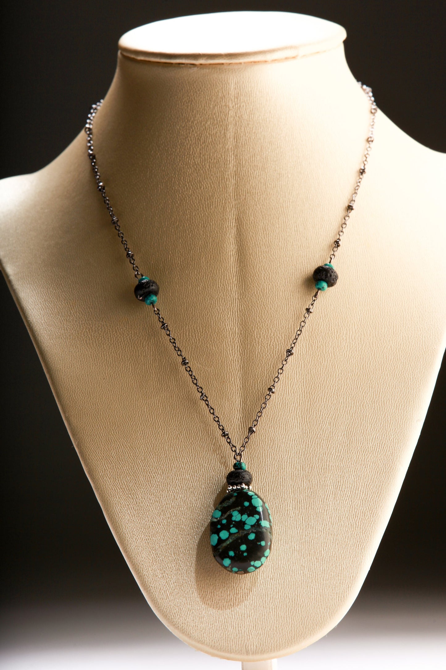 Natural Tibetan Turquoise Oval Pendant accented with Turquoise and Lava Roundel in 21" Rhodium Necklace, earth stone, December birthstone