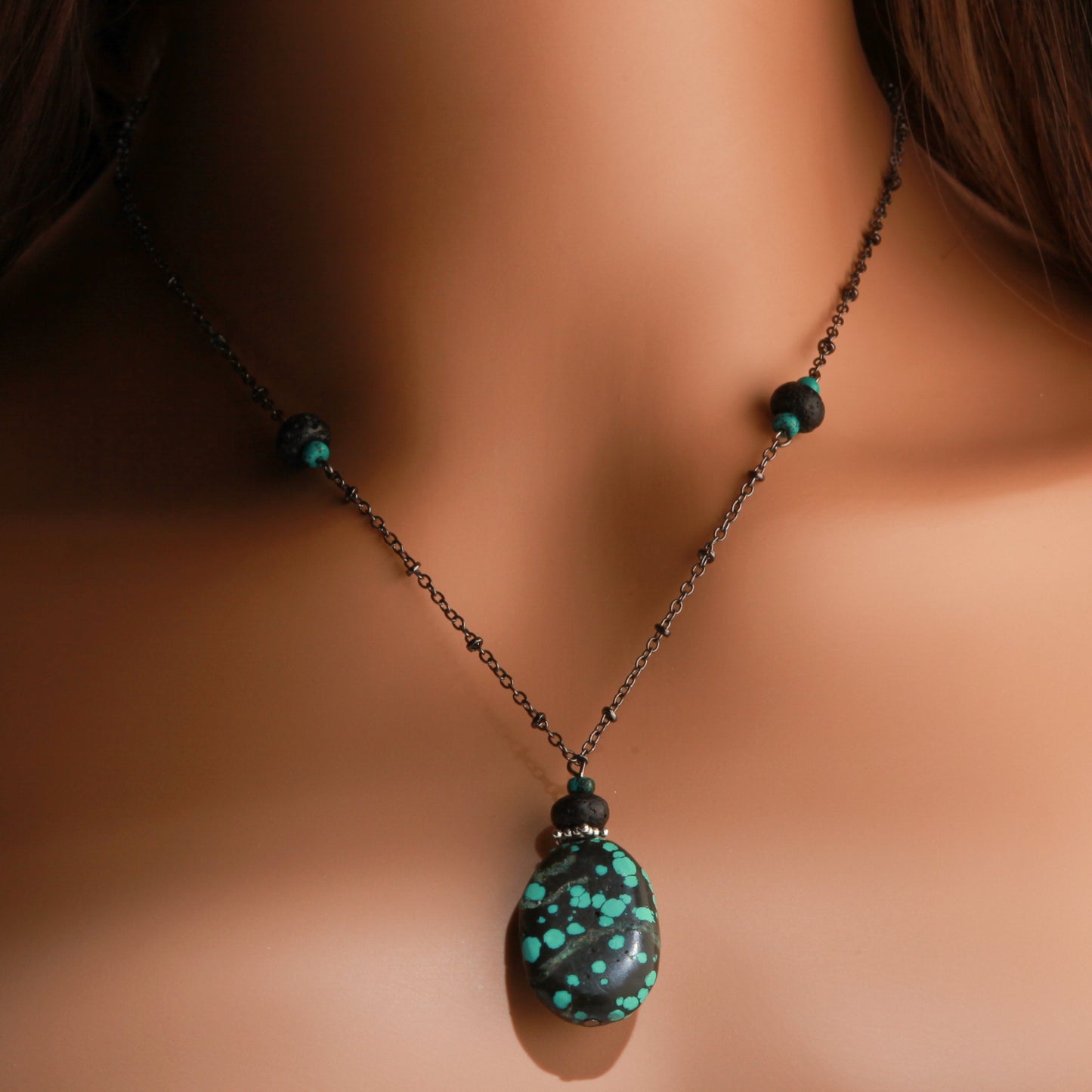 Natural Tibetan Turquoise Oval Pendant accented with Turquoise and Lava Roundel in 21" Rhodium Necklace, earth stone, December birthstone