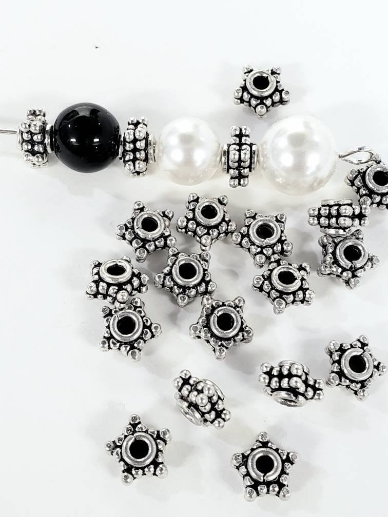 10 Pcs 925 Sterling Silver Bali double Star shape 4x7mm spacer bead. Vintage handmade heavy weight bali bead for jewelry making supplies.