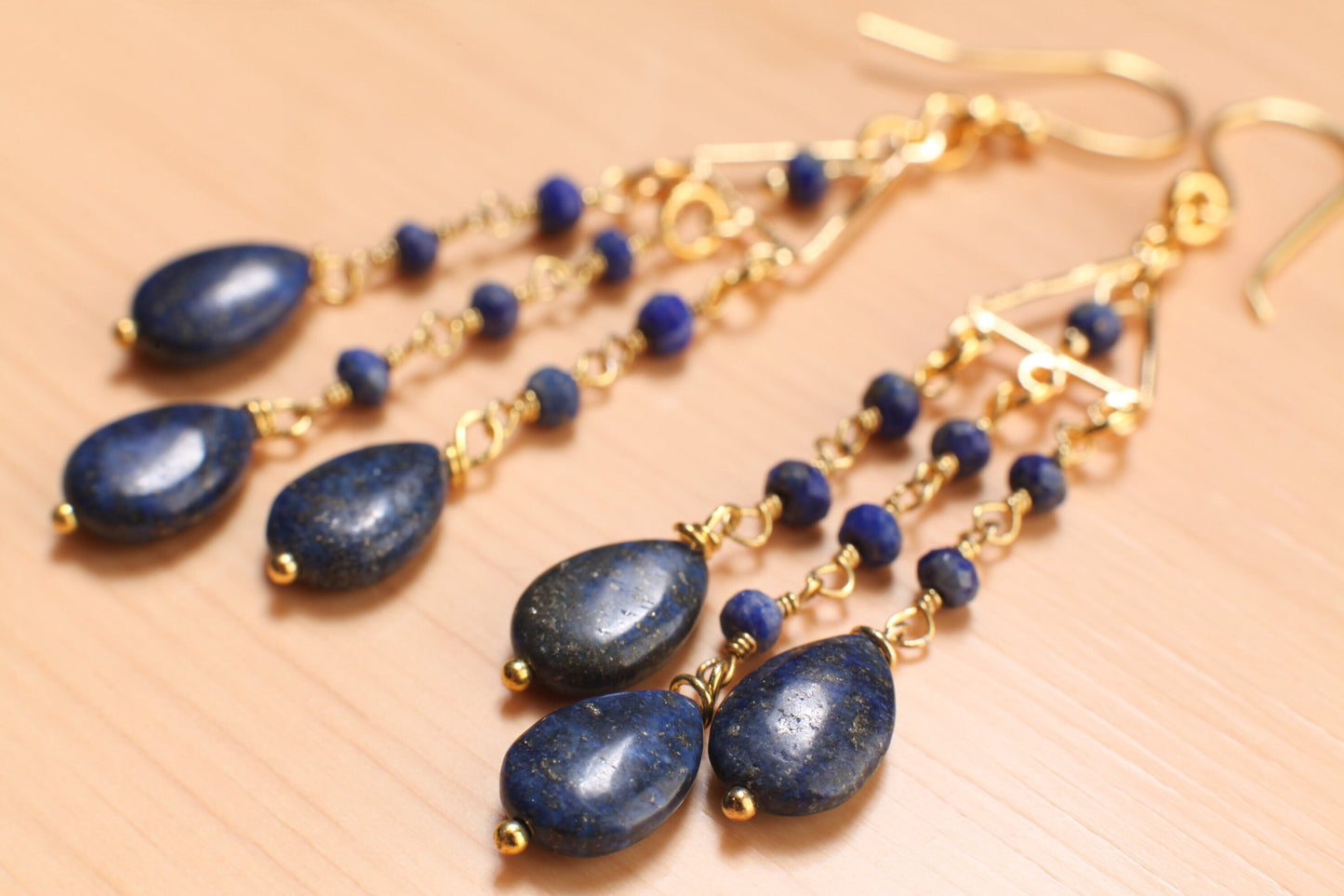 Lapis Lazuli Earrings, Natural Lapis 7x10 Oval Wire Wrapped Dangling drop with Faceted Lapis Rondel chain,Gold Chandelier, vermeil Ear Wire,